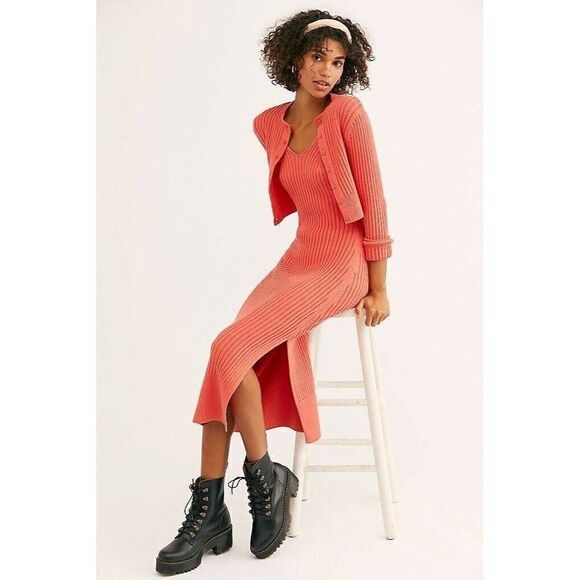 NWT FREE PEOPLE Sz L PHOEBE SET 2 PIECE CARDIGAN AND RIBBED MIDI DRESS SET CORAL - Picture 1 of 4
